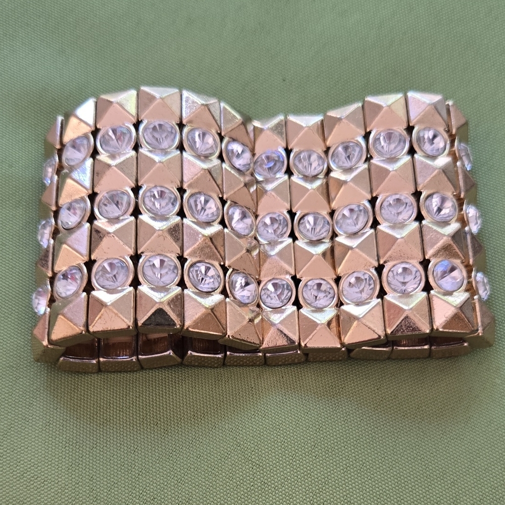 Goldtone Rhinstone Studded Wide Elastic Bracelet